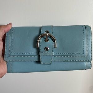 Coach Light Blue Leather Wallet with Silver-Tone Buckle